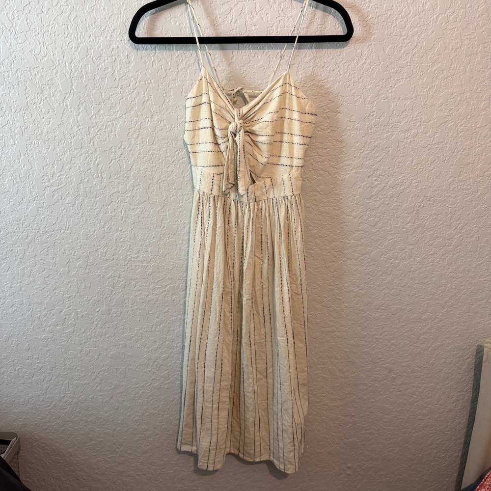 Zara Basic Tie Front Midi Linen Blend Dress Size S Coastal Boho Summer Cream‎